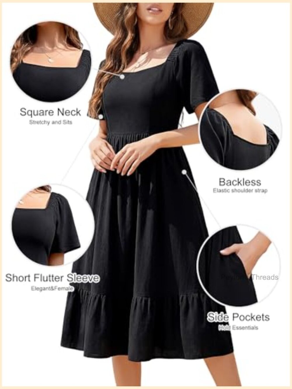 Square Neck Puff Sleeve A Line Midi Dress with Pockets - Picture 4 of 7